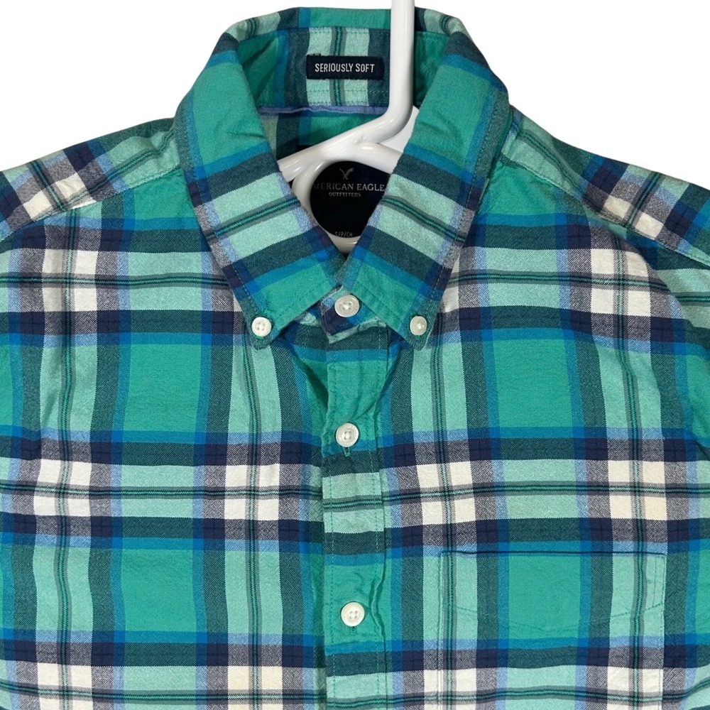 American Eagle Outfitter Seriously Soft Plaid Button Down Shirt Green Blue Small